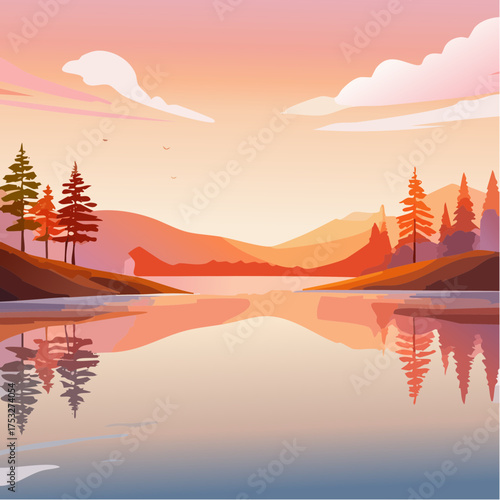 Sonnenaufgang über einem stillen See mit Nebelschleier