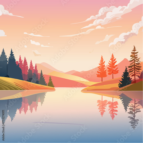 Sonnenaufgang über einem stillen See mit Nebelschleier