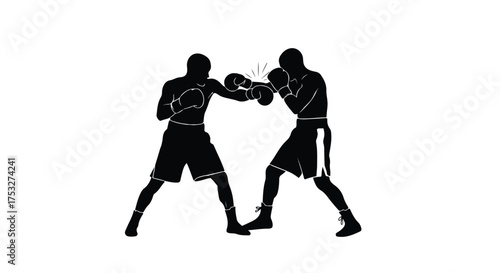 Boxing match silhouette: two fighters exchanging punches with impact on white background