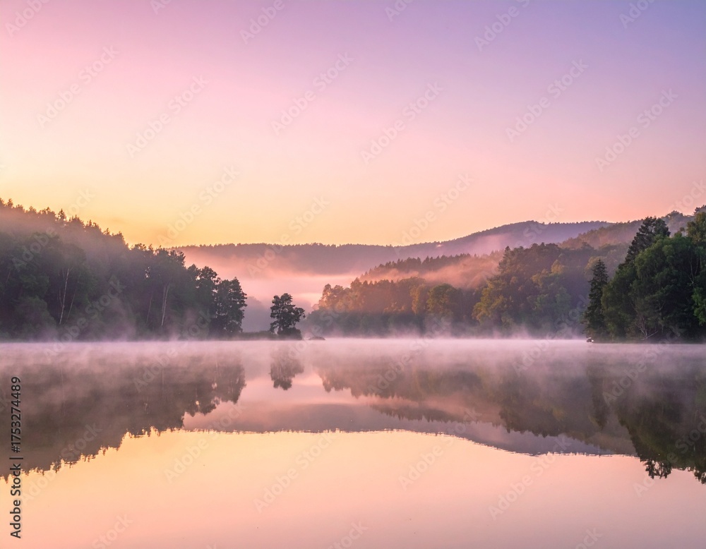 Fototapeta premium Sonnenaufgang über einem stillen See mit Nebelschleier