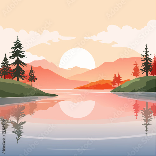 Sonnenaufgang über einem stillen See mit Nebelschleier