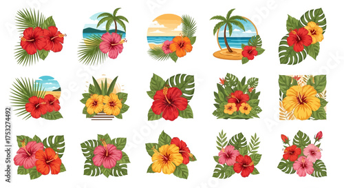 Colorful hibiscus flowers and tropical foliage arranged in various decorative compositions, evoking a summery feel.