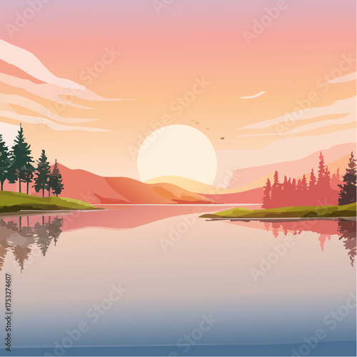 Sonnenaufgang über einem stillen See mit Nebelschleier