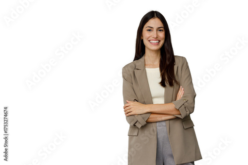 Professional businesswoman smiling confidently, arms crossed, standing with transparent background, representing success