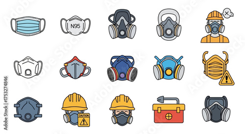 A comprehensive set of safety icons featuring various face masks, respirators, hard hats, and personal protective equipment for health and industry.