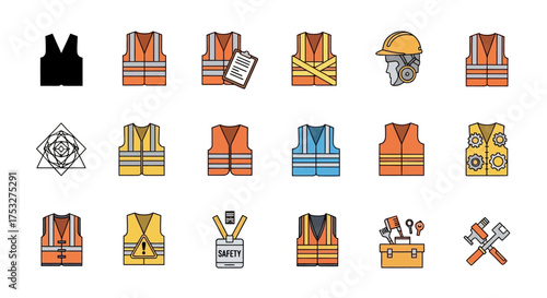 An icon set of safety vests, hard hats, tools, and other personal protective equipment for construction and industrial work.