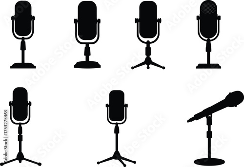 Microphone silhouettes, audio equipment, black icons, recording tools, broadcast gear, music stand, podcast setup, vocal mic, sound design, studio art