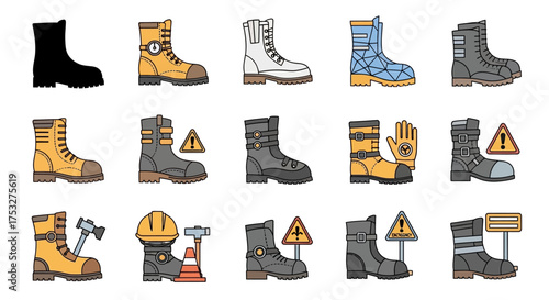 Collection of illustrated safety boots in various colors and designs, highlighting different protective features.