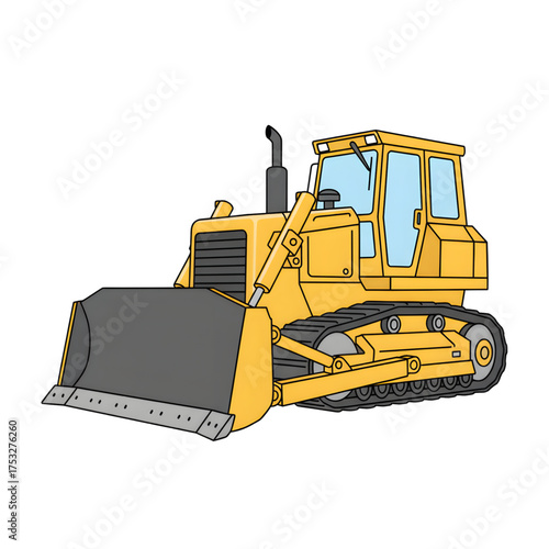 A cheerful cartoon illustration of a yellow bulldozer from an angle. This colorful vector is great for kids' construction themes, heavy equipment, or engineering projects.