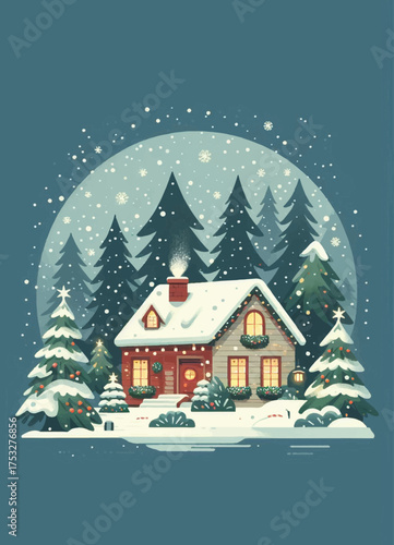 Illustration for the New Year and Christmas holidays with a decorated house against a background of trees