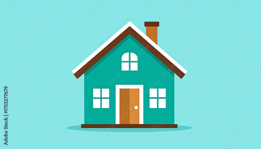 Obraz premium A simple teal-colored house illustration with white-framed windows, a brown door, and chimney, set against a solid blue background