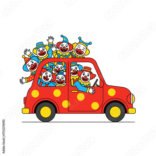 A red car filled with smiling clowns wearing colorful hats and costumes, waving and driving.
