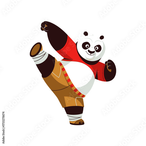 A cheerful cartoon panda character performs a dynamic martial arts kick, balancing on one leg in a playful pose.