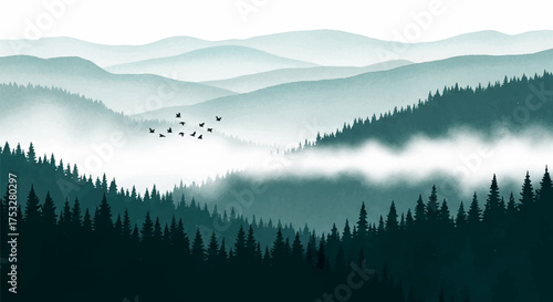 Serene ink wash painting of mountain landscape featuring layers of trees, mist, and birds a.eps illustration