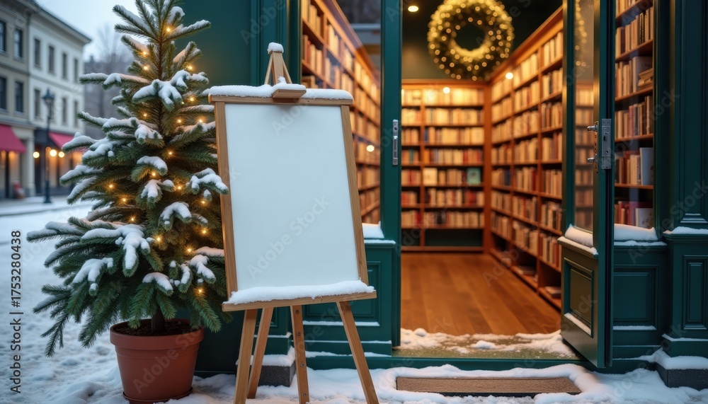 Fototapeta premium Cozy winter library entrance with snow and Christmas decorations 