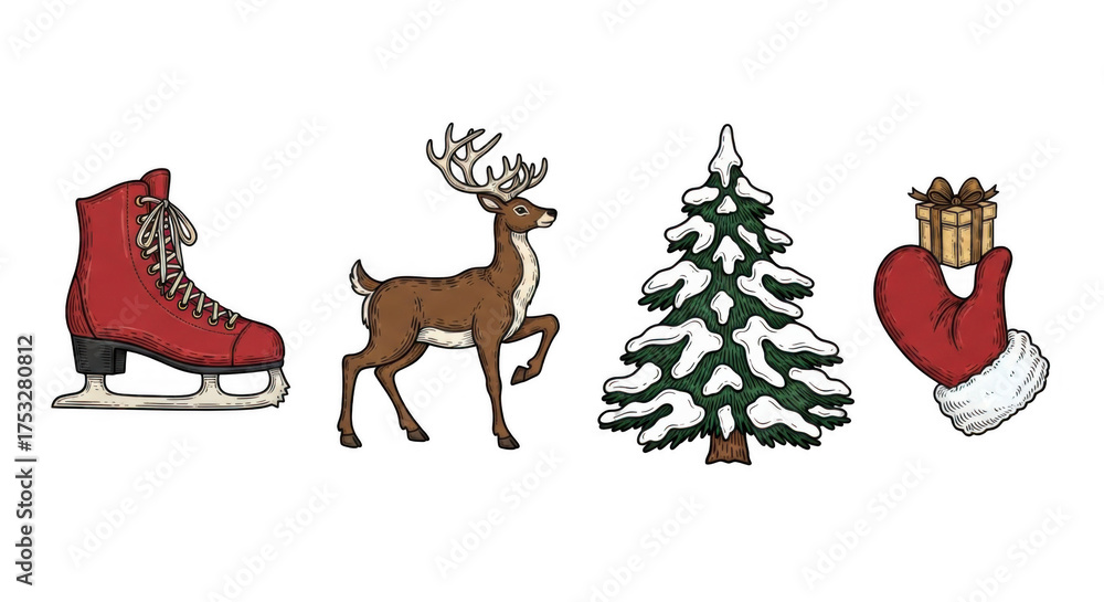 Fototapeta premium Festive Christmas Icons: Skate Reindeer Tree and Mitten with Gift.
