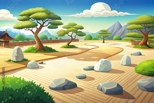 A peaceful Japanese zen garden with raked white gravel, smooth stones, and bonsai trees, designed for meditation and calmness, minimalist natural landscape in sunlight.