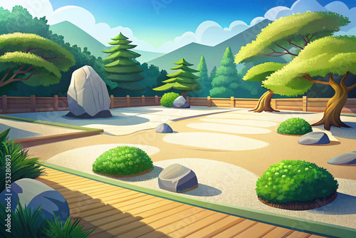 A peaceful Japanese zen garden with raked white gravel, smooth stones, and bonsai trees, designed for meditation and calmness, minimalist natural landscape in sunlight.