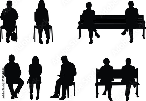 Silhouettes of seated people, various postures, chairs and benches, casual sitting, public space, human interaction, minimalist design, vector illustration
