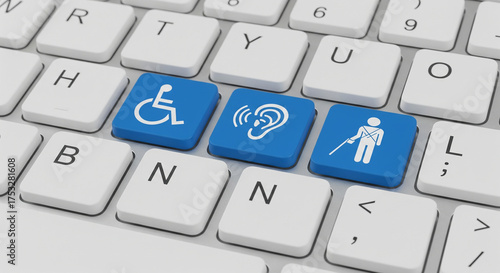 Accessibility symbols on a computer keyboard, representing disability inclusion and support for people with disabilities in technology