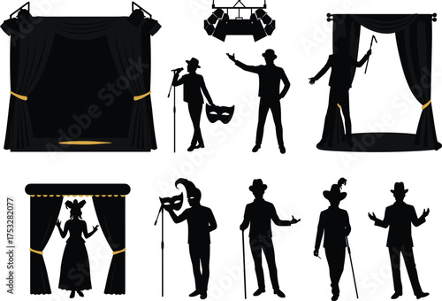 Theater silhouettes, stage curtain, dramatic masks, microphone, jester hat, top hat, cane, performer poses, spotlight, black icons, drama art
