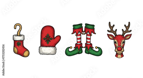 Festive Christmas Icons: Stocking Mitten Elf Shoes and Reindeer.