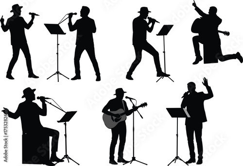 Singer silhouettes performing, microphone stand, guitar player, live music concert, musician poses, vocal performance, stage artist vector, black isolated illustration