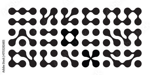 Metaball shapes set isolated on background. Vector illustration of black dots connected into abstract icons, organic fluid blobs connection, molecule structure, scientific network, chemical grids