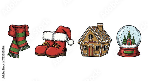 Festive Christmas decorations including scarf boots house and snow globe.