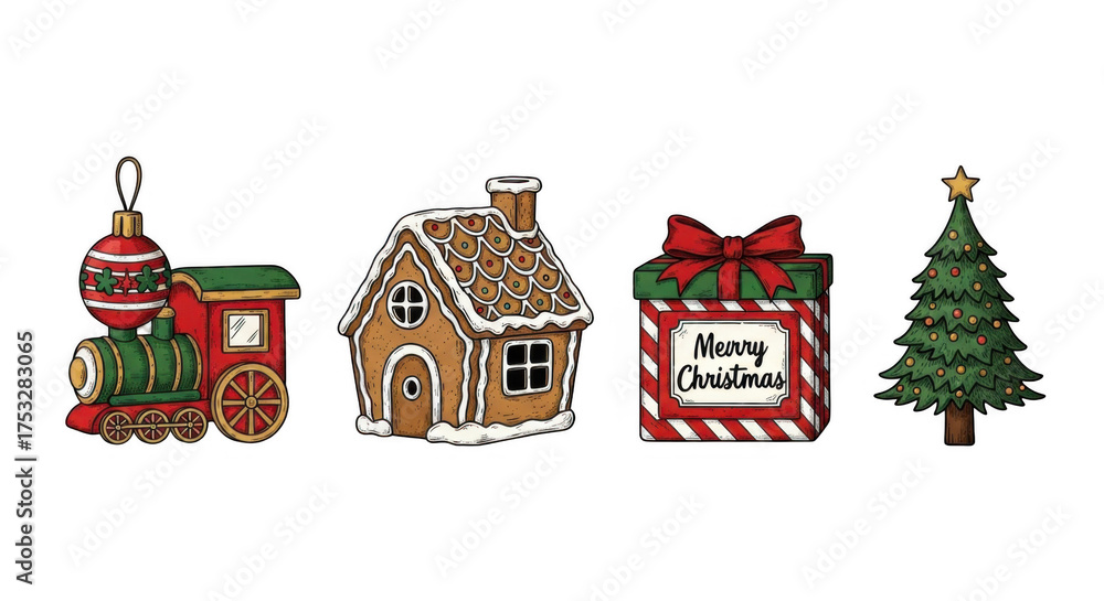 Naklejka premium Festive Christmas Decorations: Train Gingerbread House Gift and Tree.