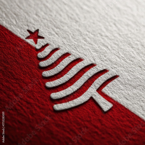 Abstract design featuring red and white colors with a star and wave pattern on textured background during artistic display