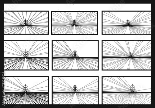 Black and white vector illustration of power lines and electricity pylons creating geometric perspective patterns for energy and infrastructure design.