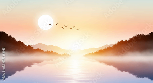 Captivating ink wash painting of a vibrant sunrise over a tranquil lake, surrounded by majestic mountains and ethereal mist, showcasing natural serenity