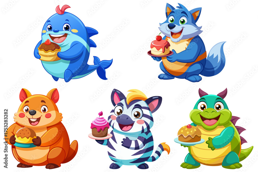 Naklejka premium A lively 3D render of a joyful, chubby cartoon animal holding a cake: Wolf , Wombat, Turtle, Whale, Zebra