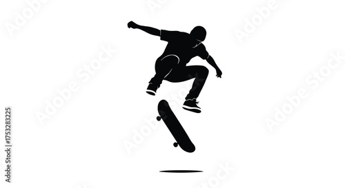 Dynamic Skateboarder Silhouette Performing Ollie Jump Trick. Extreme Sports Graphic Design Element on White Background.