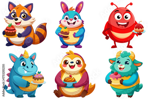 Set of lively 3D render of a joyful, chubby cartoon animal holding a cake: Racoon, Rabbit, Red Bug, Rhinoceros, Sheep, Sloth