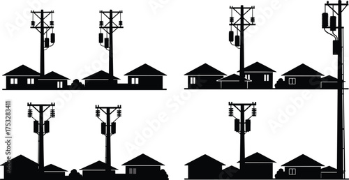 Black silhouette suburban houses with electrical utility poles vector illustration, modern residential neighborhood power infrastructure and energy distribution design