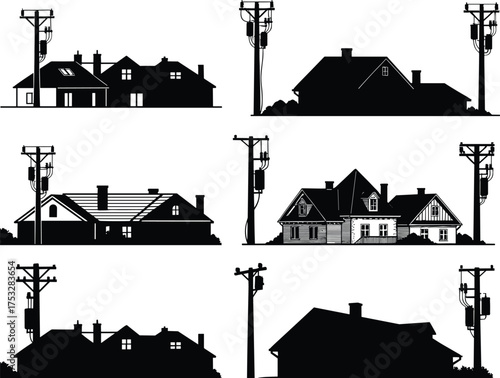 Black silhouette suburban and rural houses with power poles and electric lines vector illustration, modern countryside architecture and utility design