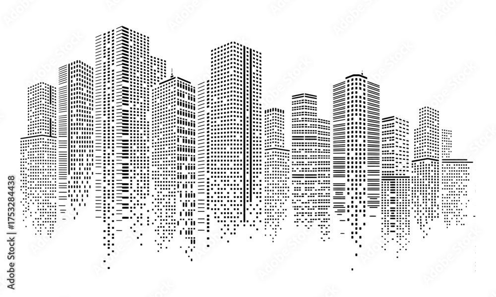 Fototapeta premium Pixelated Cityscape Modern Buildings Emerging from Digital Noise