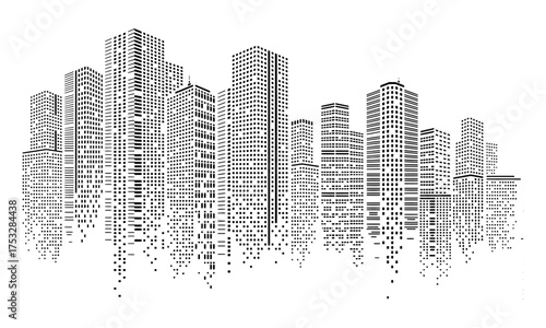 Pixelated Cityscape Modern Buildings Emerging from Digital Noise