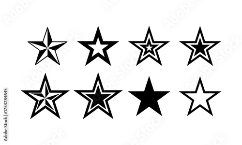 A versatile graphic set of eight different five-pointed star symbols. A collection of icons representing concepts of success, rating, and excellence