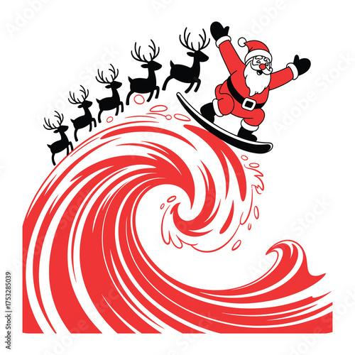 Santa Surfing Candy Cane Wave with Reindeer Silhouettes.