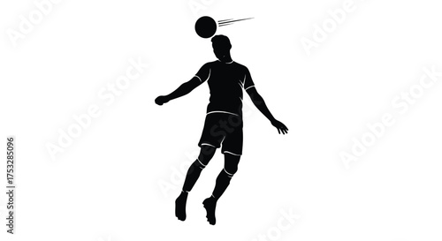 Dynamic silhouette of a soccer player heading a football. Athlete in mid-air striking ball, sport action concept.