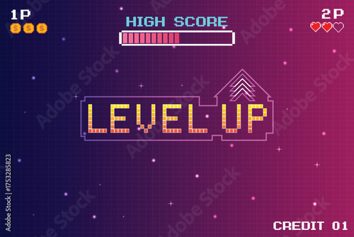 LEVEL UP icon, pixel art. 8 bit game. Retro Futurism Sci-Fi Background. glowing neon grid. and stars from vintage arcade computer games