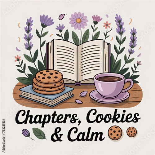 Cozy Reading Nook with Open Book Stack of Cookies and Warm Coffee surrounded by Flowers and Plants for Relaxation