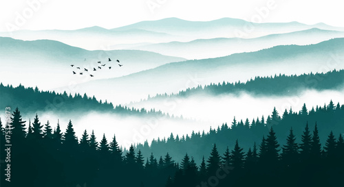Misty mountain range ink wash painting with evergreen forests and birds flying in the sky
