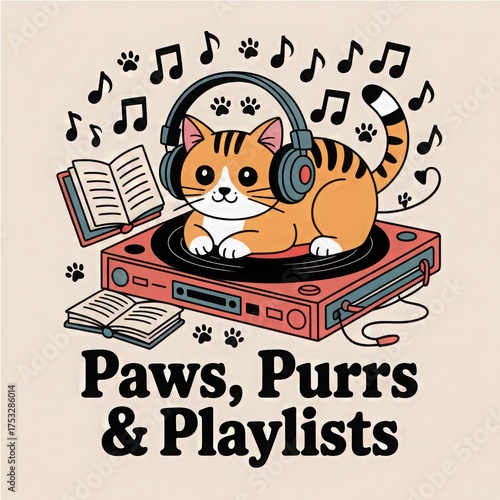 Cute Cartoon Cat DJ with Headphones on Turntable Playing Music with Books Paws Purrs and Playlists Art