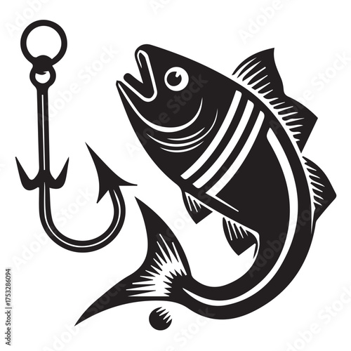 A striking black and white graphic illustration presents a fish alongside a fishing hook, creating a visually appealing composition isolated on white background