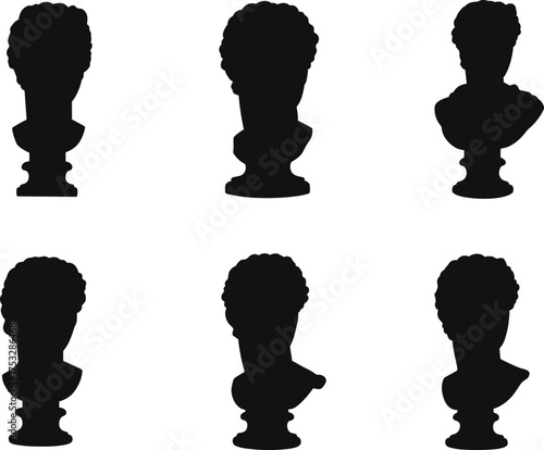 Bust silhouette, classical sculpture, black statue, art perspective, antique bust, side view, front view, rear view, curly hair, pedestal, sculpture angle, 