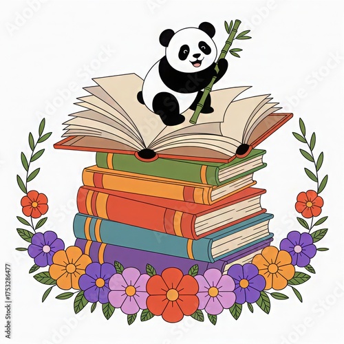 Cute Panda on Books with Bamboo and Floral Frame for Education and Learning Illustration